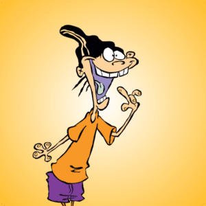 Edd sticking fingers in his mouth on an orange background
