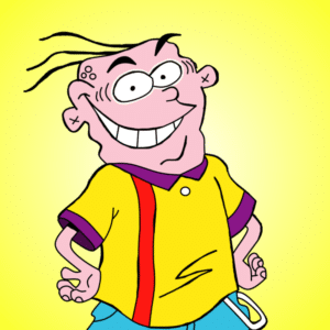 Eddy with a wide grin on a yellow backround.