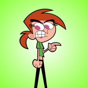 Vicky pointing and with an angry expression.