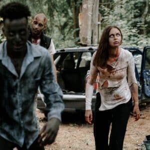 How to dirty cosplay clothes - man and woman dressed as zombies