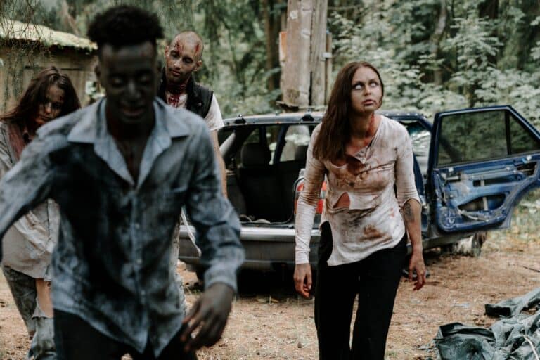 How to dirty cosplay clothes - man and woman dressed as zombies