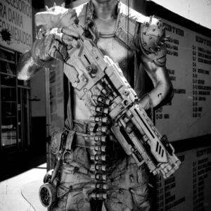 Making cosplay armor - man wearing a dystopian-punk set of armor