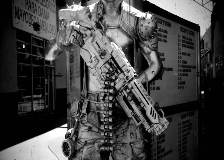 Making cosplay armor - man wearing a dystopian-punk set of armor
