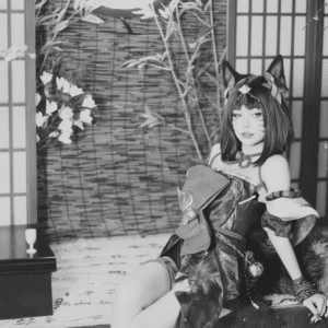 When did cosplay start? B&W image of a Japanese cosplayer