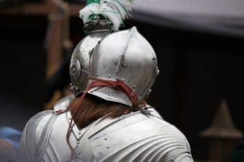 Detail of polished plate armour and a helmet