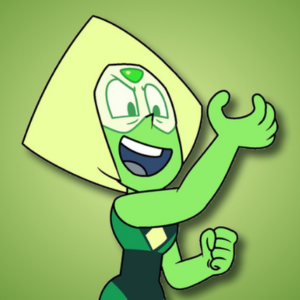 Peridot from Steven Universe with triangular yellow hair and a green visor against a green background.