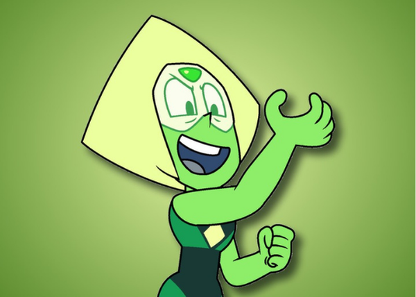 Peridot from Steven Universe with triangular yellow hair and a green visor against a green background.