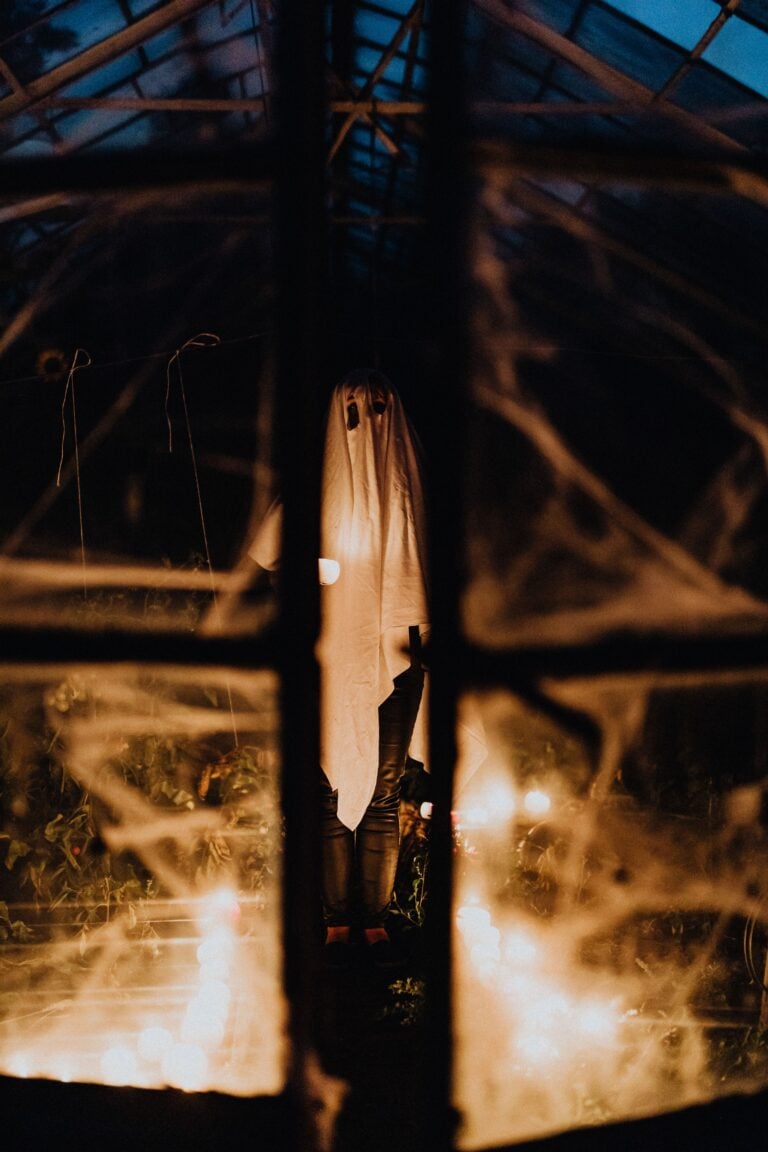 A ghost costume seen through a window decorated with Halloween cobwebs