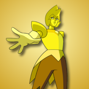 Yellow Diamond from Steven Universe with pointed yellow hair and shoulder armor against a gold background.