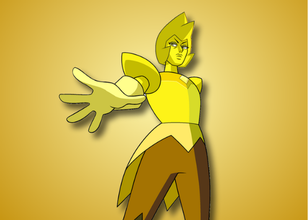 Yellow Diamond from Steven Universe with pointed yellow hair and shoulder armor against a gold background.