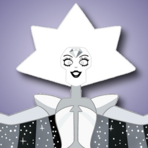 White Diamond from Steven Universe on a lavender background with a drop shadow.