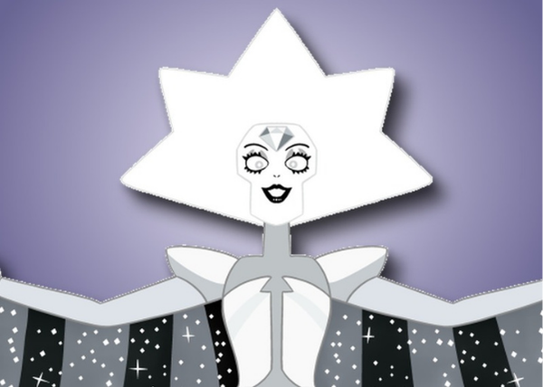 White Diamond from Steven Universe on a lavender background with a drop shadow.